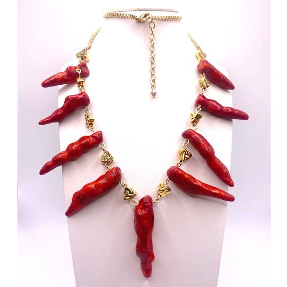 Red Coral Horns Charms Necklace 22” - Picture 1 of 4